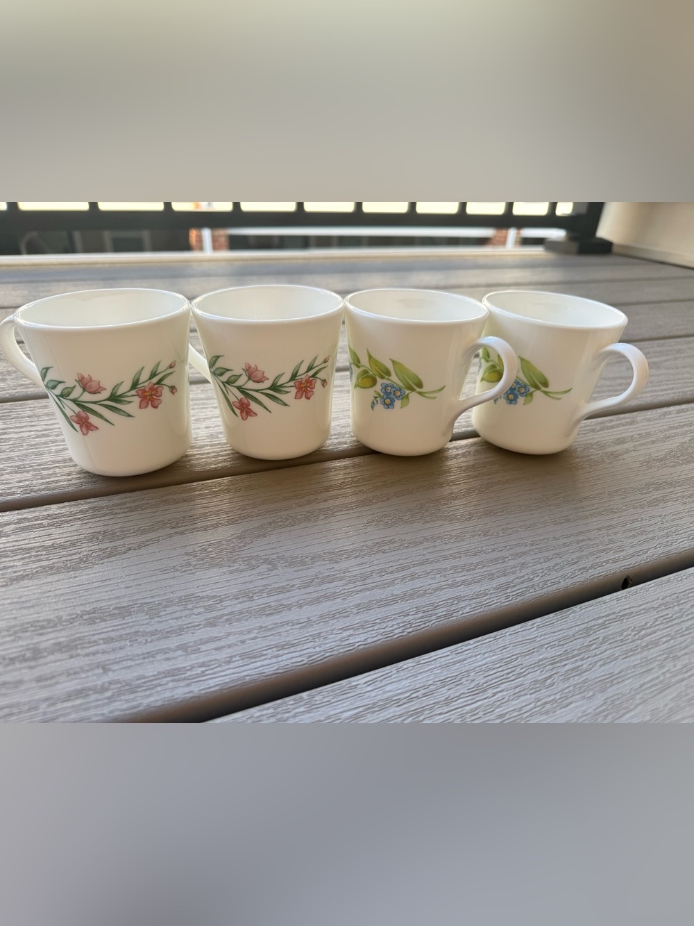 Vintage Corning USA Floral Milk Glass Coffee Mugs Set of 4 Pink & Blue Flowers